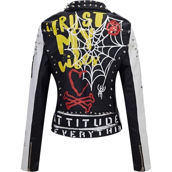 🆕 Women White Trendy Faux Leather Jacket Rivet Spring Winter Fashion Clothes - Picture 2 of 6